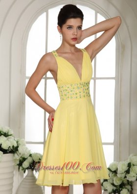 Light Yellow V-neck Prom Cocktail Dress Criss Cross Back