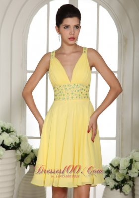 Light Yellow V-neck Prom Cocktail Dress Criss Cross Back