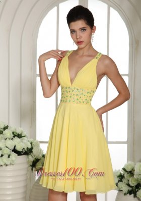 Light Yellow V-neck Prom Cocktail Dress Criss Cross Back