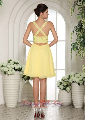 Light Yellow V-neck Prom Cocktail Dress Criss Cross Back