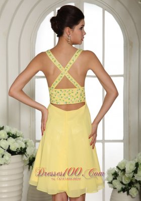 Light Yellow V-neck Prom Cocktail Dress Criss Cross Back