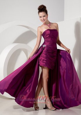 Purple Strapless High-lo Prom Dress with Appliques Ruch