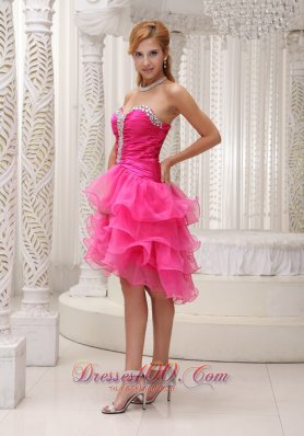 Beaded Hot Pink Mini Length Ruffled Cocktail Dresses