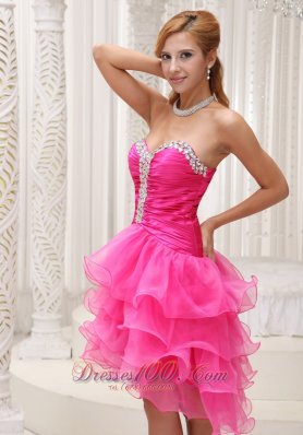 Beaded Hot Pink Mini Length Ruffled Cocktail Dresses