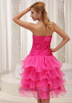 Beaded Hot Pink Mini Length Ruffled Cocktail Dresses