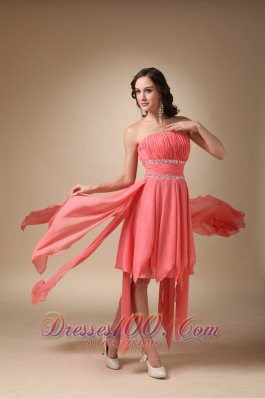 Strapless Beaded Asymmetric Watermelon Red Cocktail Dresses