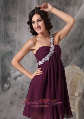 Appliques Trimmed One Shoulder Chiffon Dark Purple Cocktail Dress