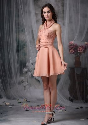 Halter Ruched Chiffon Knee Length Light Pink Cocktail Dresses