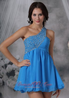 One Shoulder Unique Back Chiffon Blue Prom / Cocktail Dress