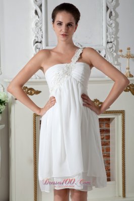 White Empire Cocktail Dress One Shoulder Appliques Ruch