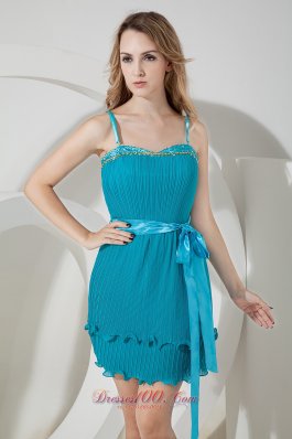 Teal Sash Cocktail Dress Spaghetti Straps Beading Bow