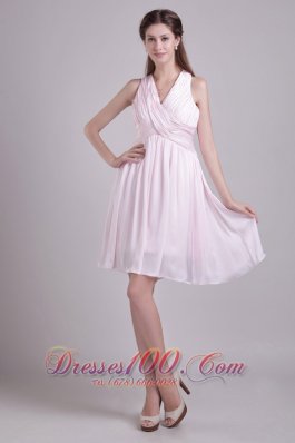 Baby Pink V-neck Short Chiffon Ruch Prom Dress