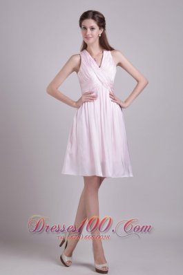 Baby Pink V-neck Short Chiffon Ruch Prom Dress