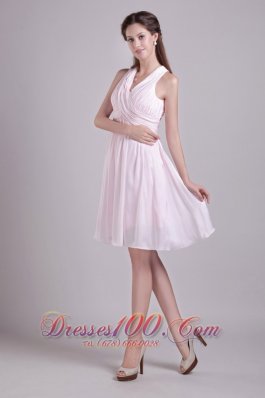 Baby Pink V-neck Short Chiffon Ruch Prom Dress