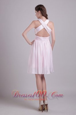 Baby Pink V-neck Short Chiffon Ruch Prom Dress