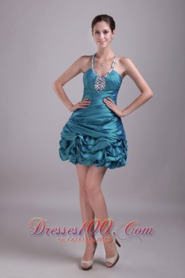 Teal Halter Mini-length Rhinestone Prom / Cocktail Dress