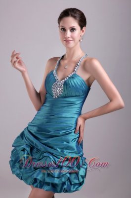 Teal Halter Mini-length Rhinestone Prom / Cocktail Dress