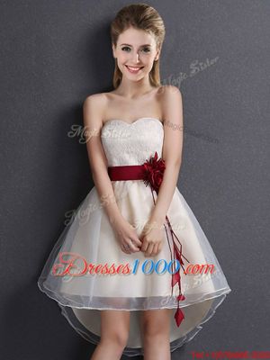 Low Price A-line Dama Dress Champagne Sweetheart Organza Sleeveless High Low Lace Up