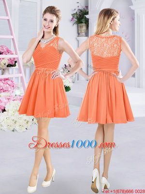 Orange Chiffon Side Zipper V-neck Sleeveless Mini Length Bridesmaids Dress Lace and Ruching