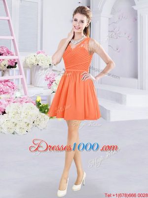 Orange Chiffon Side Zipper V-neck Sleeveless Mini Length Bridesmaids Dress Lace and Ruching
