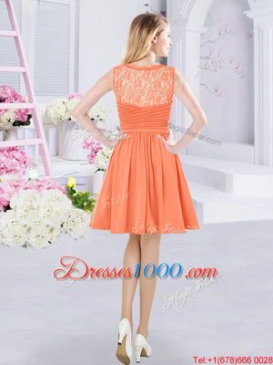 Orange Chiffon Side Zipper V-neck Sleeveless Mini Length Bridesmaids Dress Lace and Ruching