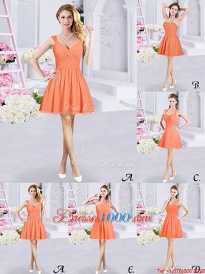 Orange Chiffon Side Zipper V-neck Sleeveless Mini Length Bridesmaids Dress Lace and Ruching