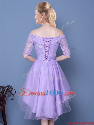 Sexy Off the Shoulder Lace and Bowknot and Belt Quinceanera Court of Honor Dress Lavender Lace Up Half Sleeves High Low