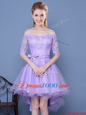 Sexy Off the Shoulder Lace and Bowknot and Belt Quinceanera Court of Honor Dress Lavender Lace Up Half Sleeves High Low