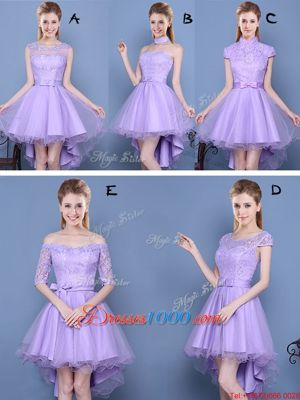 Sexy Off the Shoulder Lace and Bowknot and Belt Quinceanera Court of Honor Dress Lavender Lace Up Half Sleeves High Low