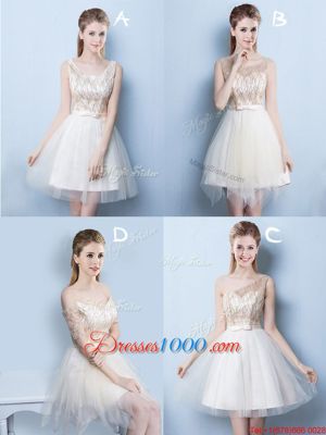 Beautiful One Shoulder Sequins Champagne Sleeveless Tulle Lace Up Wedding Party Dress for Prom and Party and Wedding Party