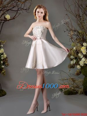 Beautiful Champagne Lace Up Wedding Guest Dresses Appliques and Bowknot Sleeveless Mini Length