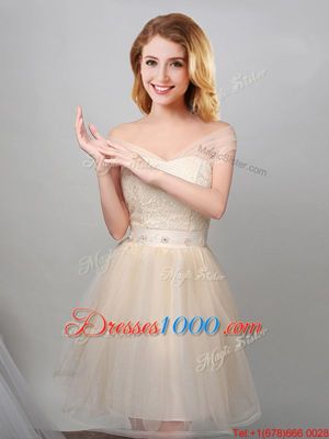 Discount Off the Shoulder Tulle Short Sleeves Mini Length Bridesmaid Dresses and Lace and Appliques and Belt