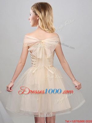 Discount Off the Shoulder Tulle Short Sleeves Mini Length Bridesmaid Dresses and Lace and Appliques and Belt