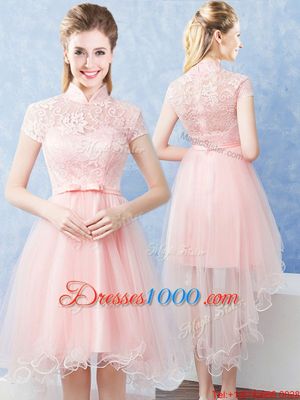 Extravagant Short Sleeves High Low Lace and Belt Zipper Wedding Party Dress with Baby Pink