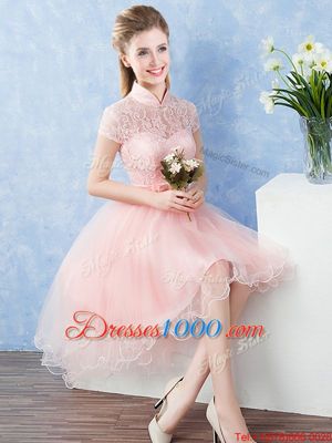 Extravagant Short Sleeves High Low Lace and Belt Zipper Wedding Party Dress with Baby Pink