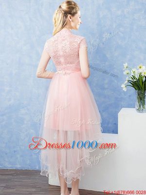 Extravagant Short Sleeves High Low Lace and Belt Zipper Wedding Party Dress with Baby Pink