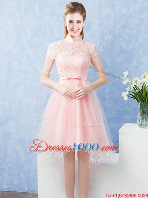 Extravagant Short Sleeves High Low Lace and Belt Zipper Wedding Party Dress with Baby Pink