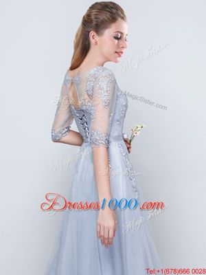 Elegant Scoop Short Sleeves Grey Half Sleeves Floor Length Appliques and Belt Lace Up Bridesmaids Dress