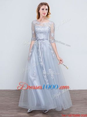 Elegant Scoop Short Sleeves Grey Half Sleeves Floor Length Appliques and Belt Lace Up Bridesmaids Dress