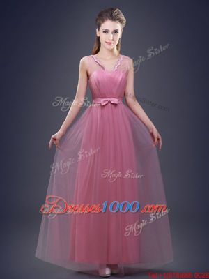 Most Popular Pink V-neck Neckline Appliques and Ruching and Bowknot Bridesmaids Dress Sleeveless Lace Up