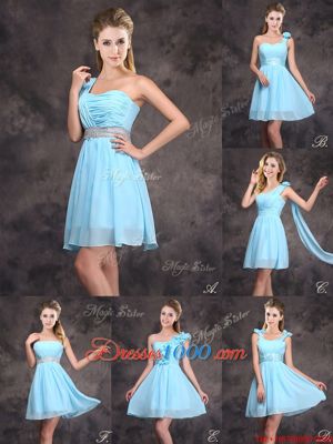 Baby Blue Empire Chiffon Sleeveless Ruffles and Sequins and Ruching and Bowknot and Hand Made Flower Mini Length Zipper Quinceanera Dama Dress