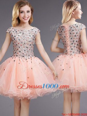 Pink Ball Gowns Bateau Cap Sleeves Organza Mini Length Lace Up Beading and Sequins Quinceanera Court of Honor Dress