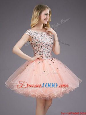 Pink Ball Gowns Bateau Cap Sleeves Organza Mini Length Lace Up Beading and Sequins Quinceanera Court of Honor Dress