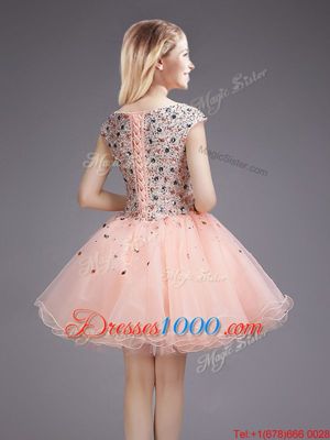 Pink Ball Gowns Bateau Cap Sleeves Organza Mini Length Lace Up Beading and Sequins Quinceanera Court of Honor Dress