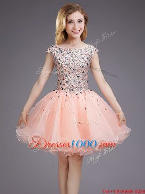Pink Ball Gowns Bateau Cap Sleeves Organza Mini Length Lace Up Beading and Sequins Quinceanera Court of Honor Dress