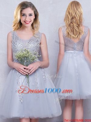 Scoop Grey Sleeveless Beading and Appliques Mini Length Bridesmaid Dress