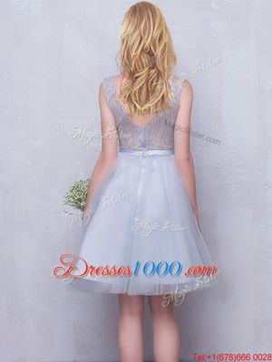 Scoop Grey Sleeveless Beading and Appliques Mini Length Bridesmaid Dress