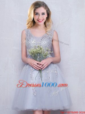 Scoop Grey Sleeveless Beading and Appliques Mini Length Bridesmaid Dress