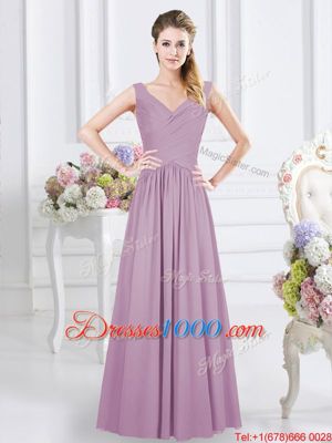 Admirable Lavender Chiffon Zipper Wedding Guest Dresses Sleeveless Floor Length Ruching