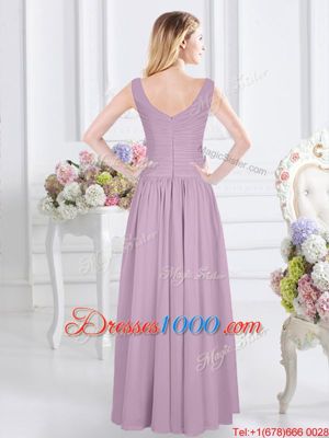 Admirable Lavender Chiffon Zipper Wedding Guest Dresses Sleeveless Floor Length Ruching
